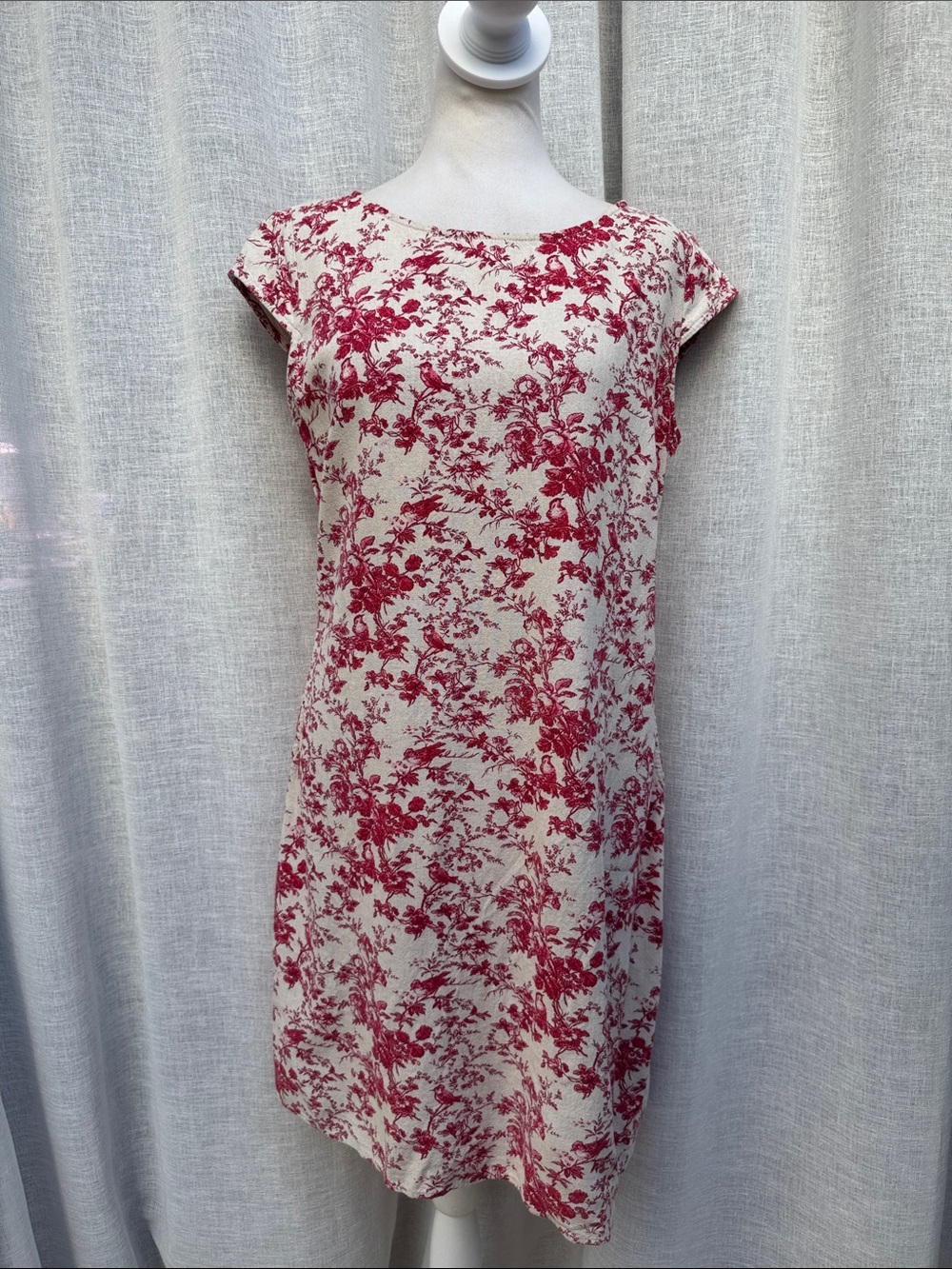 Patprimo shift mini linen dress red ecru toile floral and bird print